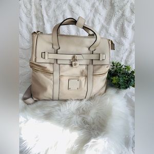 Henri Bendel Jetsetter Backpack Handbag Black 3way Nylon Leather Beige